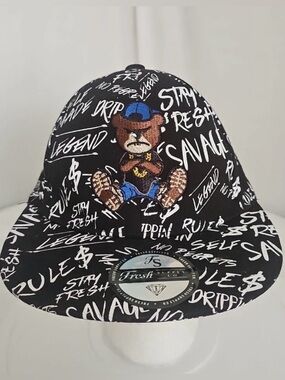 Savage Fresh Supply Co. bear snapback hat featuring a black graffiti print NWOT